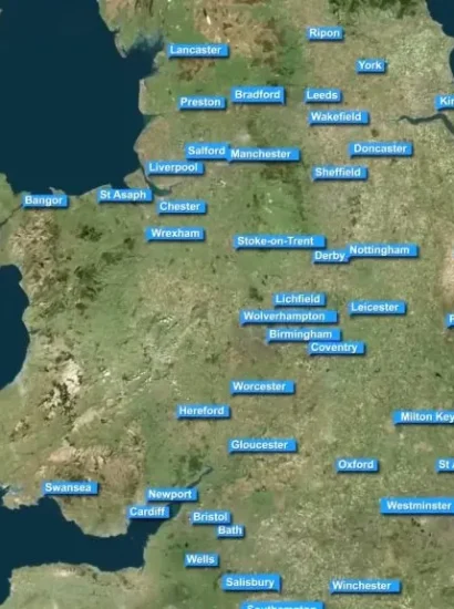 Cities in England Map